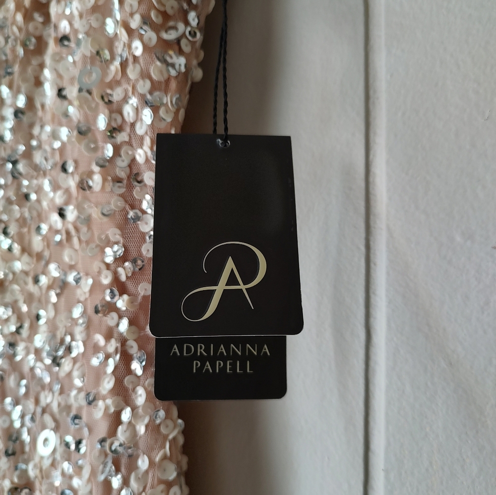 Adrianna Papell Formal Sequin Dress Sz 2 Champagne Beige Train - Picture 6 of 11